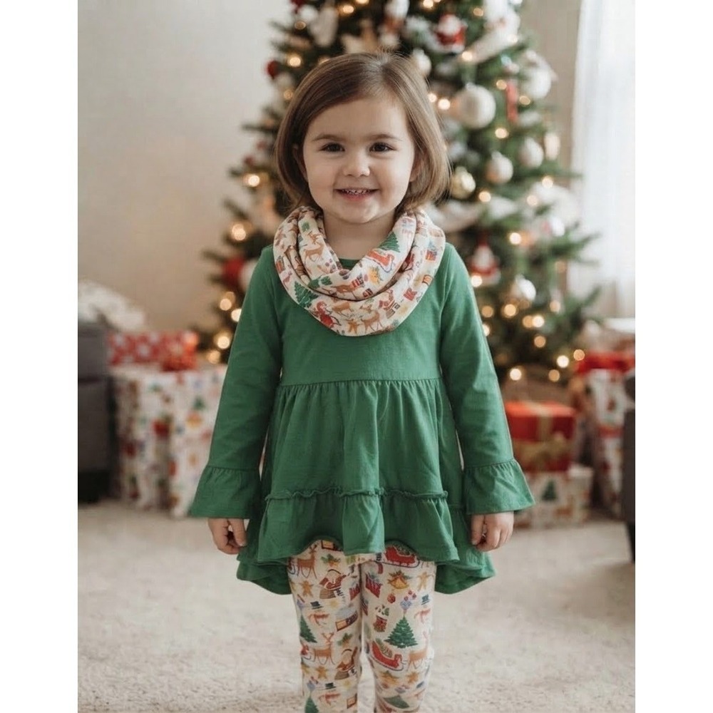 Angeline Girls 3T Christmas Ruffle Tunic Leggings Scarf 3pc Set Green Holiday